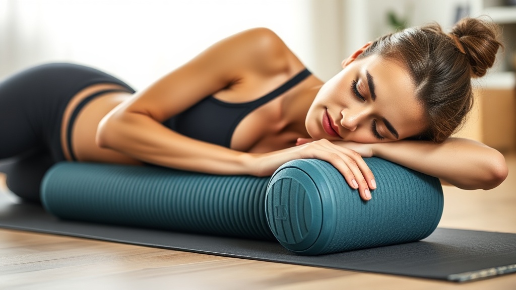 운동을 마친 후 폼롤러를 이용해 근육을 부드럽게 풀어주며 휴식을 취하는 모습