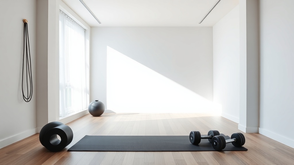 거실에 요가 매트와 덤벨이 정돈되어 있는 차분한 홈트레이닝 환경