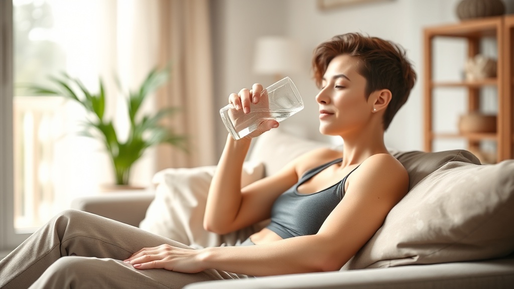 운동 후 편안하게 휴식을 취하며 수분을 섭취하고 있는 모습