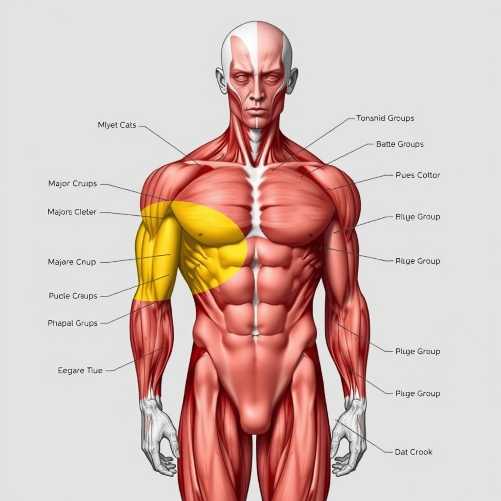 인체 근육의 주요 부위가 강조되어 분할 운동의 범위를 설명하는 다이어그램