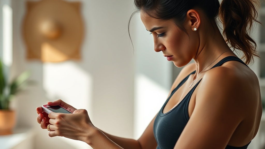 운동 후 자신의 심박수나 컨디션을 체크하며 운동 강도를 기록하고 있는 홈트레이닝 사용자