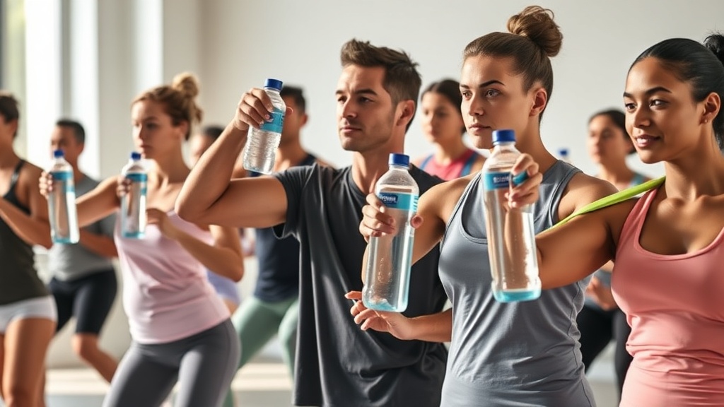 덤벨 대신 물병을 사용하거나 밴드를 활용해 운동 강도를 점진적으로 높이는 모습