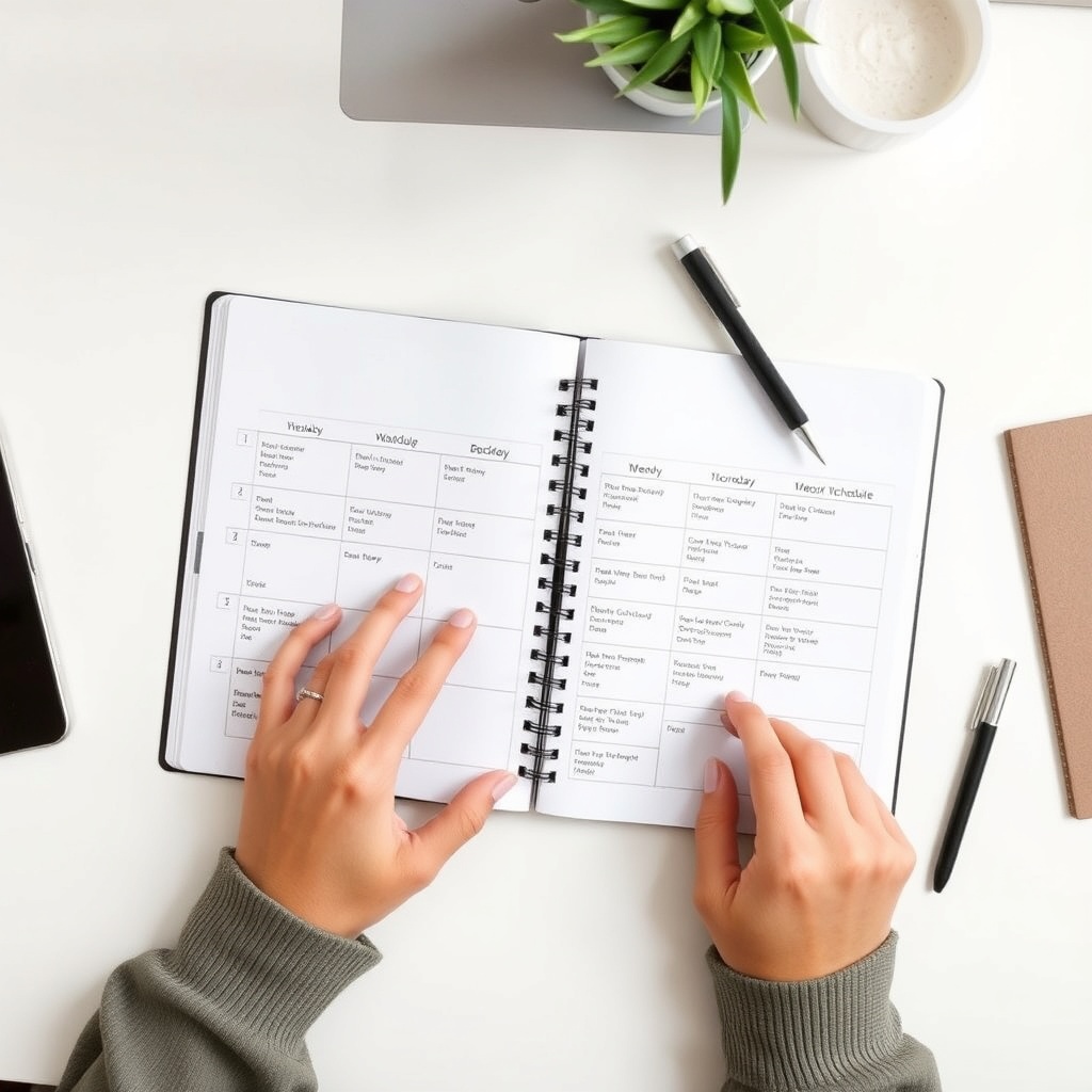 책상 위에 놓인 다이어리에 일주일 치 운동 계획을 꼼꼼하게 작성하는 모습